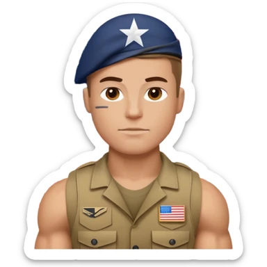 generate white powerful american soldier with small usa flag on shoulder sticker