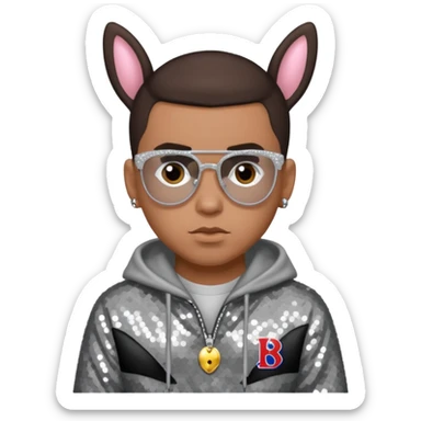 Bad Bunny, Puerto Rican Rapper with dark brown hair, gray sequin outfit sticker