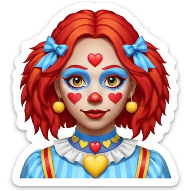 wendy thomas  the clown from gta rp nopixel she has a blue sun on covering right eye with three yellow lines below her right eye and above her left eye. she has long bright red hair and light blue eyes with a heart choker sticker