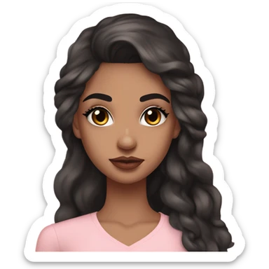 Fair girl with Cupid bow lips and long eyelashes and black eyes straight eyebrows and wavy long black hair pink blush on cheeks wearing flare lace shirt  sticker