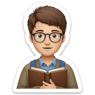 generate an ios genmoji of a fair 20 year guy with faint beard, spectacles, messy hair, books in hand sticker