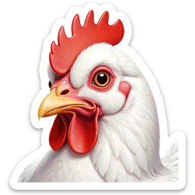 Cinematic Comical White Chicken Portrait Emoji, Head tilted dramatically with an exaggeratedly shocked or amused expression, featuring a sleek, immaculate white plumage with a prominent red comb, wide, expressive beady eyes filled with playful disbelief, Simplified yet hilariously expressive features, highly detailed, glowing with a slightly sassy glow, high shine, dramatic yet playful, stylized with an air of cheeky mischief, bright and endearing, soft glowing outline, capturing the essence of a spirited and over-the-top chicken, so meme-worthy it feels like it could cluck its way into internet fame instantly! sticker