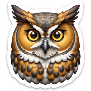 Cinematic Cute Great Horned Owl Portrait Emoji, Head tilted playfully and inquisitively, featuring a lush mottled Fur with intricate patterns of gray and white, round, sparkling golden eyes filled with curious wonder, Simplified yet irresistibly adorable features, highly detailed, glowing with a warm, friendly glow, high shine, affectionate and wise, stylized with a touch of nocturnal whimsy, bright and endearing, soft glowing outline, capturing the essence of a mischievous yet loving owl, so playful it feels like it could glide out of the screen and perch in your arms! sticker
