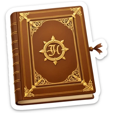 "An open antique leather-bound book with golden edges and calligraphy, detailed embossing, Victorian style, warm brown and gold palette." sticker