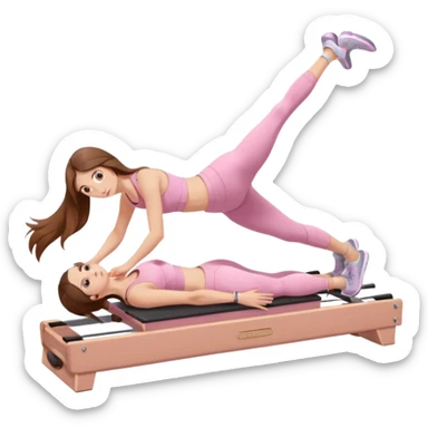 pretty white teen with hazel eyes and long brown hair and a small waist in light pink workout clothes in a plank on a pilates reformer sticker