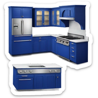 Isolated full length Realistic royal blue vintage retro kitchen range with cabinets and counters. sticker