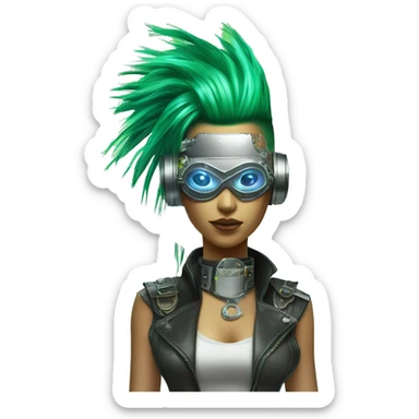 Neon green Mohawk hair Asian female cyborg head with silver steampunk goggles and circuits sticker