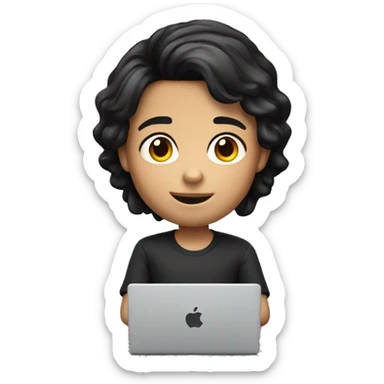 Memoji a 10 year old boy with dark hair typing on a laptop sticker