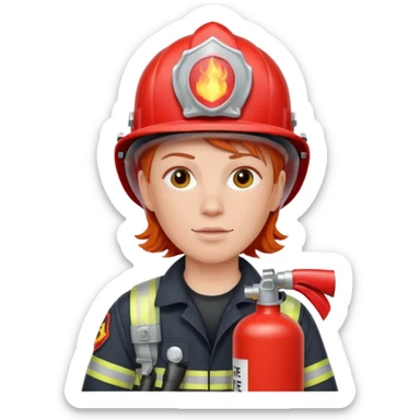 red haired Firefighter with respiratory protection with fire extinguisher sticker