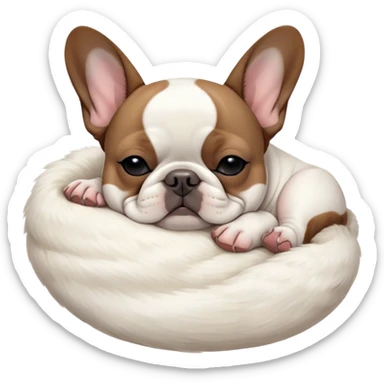 Meme-Worthy Cute Sleeping Pied French Bulldog Portrait Emoji, Head resting peacefully with a gentle, contented smile and eyes softly closed in serene repose, showcasing a distinctive pied fur of contrasting hues and a lovable, relaxed expression, simplified yet irresistibly adorable, highly detailed, glowing with a soft, drowsy radiance, high shine, exuding calm, endearing charm, styled with a gentle, soft glowing outline, capturing the essence of a sleeping Pied French Bulldog that appears destined to be the next viral symbol of adorable, sleepy delight! sticker