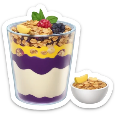 Açaí in a clear cup with layers of fruits and granola and condensed milk sticker