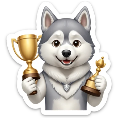 Triumphant husky dog with trophy sticker
