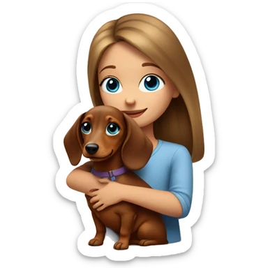 A girl with blue eyes hugs a dachshund puppy sticker