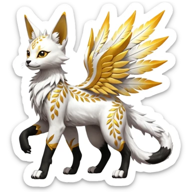 Epic complex fantasy glorious detailed futuristic divine godly angelic feathery sunny, white, albino, pastel, golden, orange glowing sparkly, realistic Fakémon-Sprigatito-Floragato-Meowscarada-Trico-Sergal-Serval-Solgaleo-Vernid-creature (full body) solarpunk, shiny sparkly with a gold laurel sticker