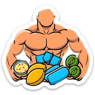 Vibrant muscle fibers in the center, with protein foods (meat, egg, beans, tofu, yogurt) connected together in a unified chain or cluster, floating together around the muscle fibers like a connected orbital ring. sticker