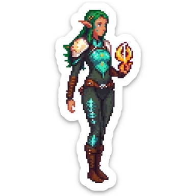 elf female Short wetsuit-style garb, glowing runes on skin, holding a conch horn. sticker