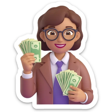 agender emoji with nerdy style glasses, smiling, holding money in one hand, androgynous features sticker