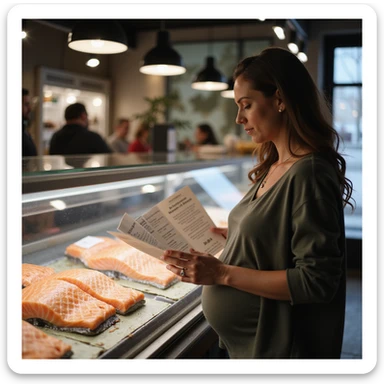 realistic pregnant woman in 4K reading informational brochure about risks of raw salmon in pregnancy, with salmon visible on fish counter sticker