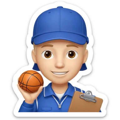 cute basketball coach portrait, head and shoulders only, whistle, cap, clipboard strap, confident smile, 3D cartoon, mobile game icon style, clean background, no text, no watermark
 sticker