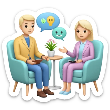 simplified human character sitting in a chair talking calmly with a psychologist, therapist listening attentively, safe and supportive atmosphere, mental health session, flat custom emoji sticker, pastel colors, rounded shapes, minimal details, thick outline, white background, no text sticker