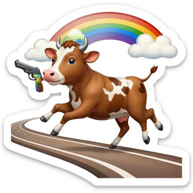 a cow running across a highway on a rainbow shooting a gun sticker