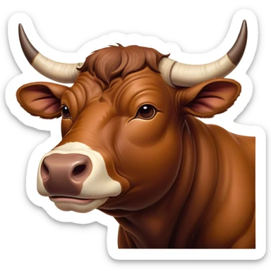 Meme-Worthy Cute Sleeping Brown Bull Portrait Emoji, Head resting peacefully with a contented smile, showcasing a robust, massive build and a luxuriously soft rich brown hide, eyes shut in a serene, restful nap, Simplified yet hilariously adorable features, highly detailed, glowing with a soft, drowsy light, high shine, relaxed and utterly lovable, stylized with an air of playful laziness, bright and heartwarming, soft glowing outline, capturing the essence of a comically sleepy guardian, so meme-worthy it feels like it could instantly become the next viral sensation of adorable slumber! sticker