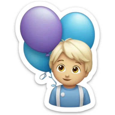 Un bambino in una culla con il fiocco azzurro e intorno tanti palloncini azzurri e una scritta MotiArt sticker