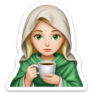 White girl in a blanket drinking coffee with green eyes sticker