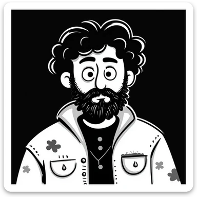 homeless man with a dead stare, looking into the abyss, shocked by overwhelming information sticker