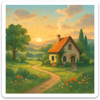 dream life as a peaceful landscape with a cozy house, sunrise, and nature, in ghibli style sticker