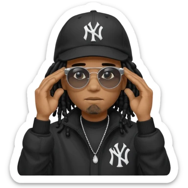 African American man with shoulder length black dreadlocks wearing black sunglasses with black bubble winter coat wearing a New York Yankees baseball hat with his hands on top of head in thinking position sticker