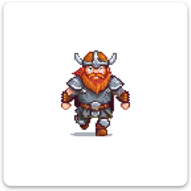 pixel art ginger viking with red beard and armor, running animation frame 2, mid-stride sticker