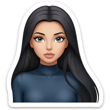 Glamours, tanned, very beautiful girl, with big pump peach-beige-rose lips, long long lashes, black straight smooth silky long hair, straight parting hair, blue-grey eyes in black long-sleeves bodysuit sticker