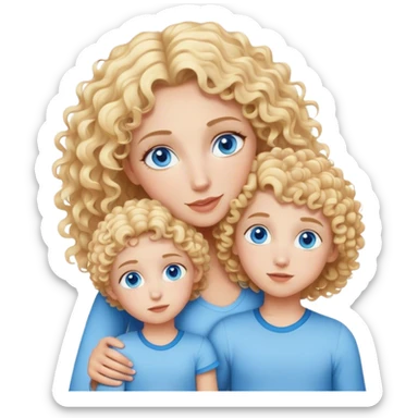 Curly haired blonde mom with blonde daughter and son twins blue eyes sticker