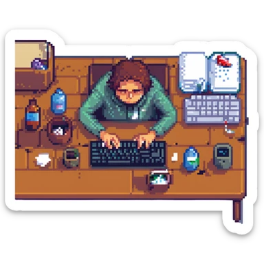 A programmer slumped over a keyboard, tissues and medicine nearby, looking unwell, pixel art style sticker