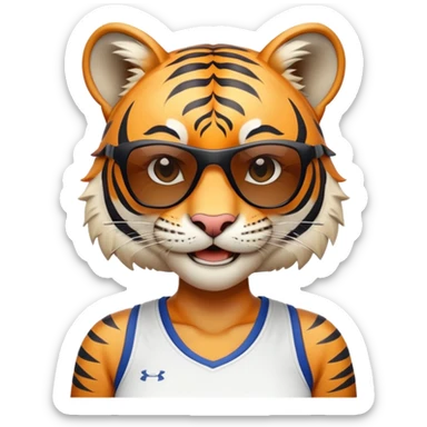 female energetic anthropomorphised tiger in sports clothes, wearing dark sunglasses, head and shoulders only, smiling sticker