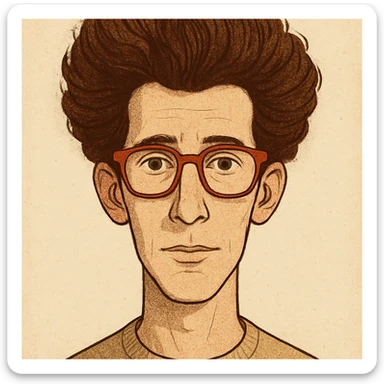 slightly elongated face of a man with red glasses and a big set of brown hair, style 1 sticker