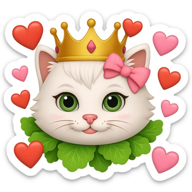 Make the hearts larger around the white cat with a pink bow and a green lettuce crown in the style of emoji. Remove the background. sticker
