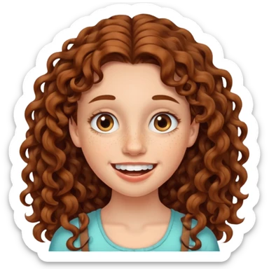 create a frontend girl that has an oval face and very very long brown curly hair and has bracesin her teeth and white sticker