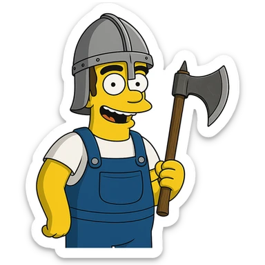 Regenerate the image keeping the same angle, facial expression, clothing, and size proportions of the character. Add a realistic one-handed medieval axe held in the character's hand and a helmet. Maintain the style of The Simpsons. Transparent background. sticker