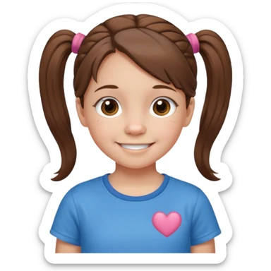 10 year old girl emoji, brown hair in pigtails, wearing a t-shirt, smiling sticker