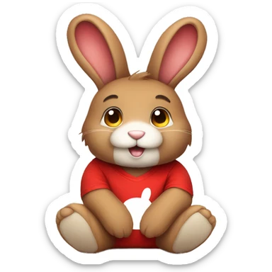 Cute Fluffy brown bunny rabbit teddy wearing red tshirt sitting  sticker