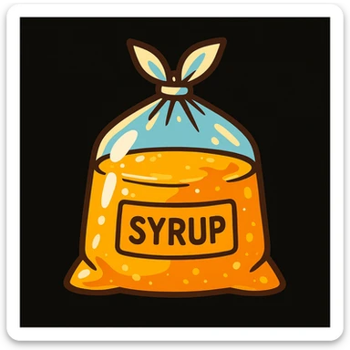 cartoon style illustration of a clear plastic bag filled with sugar syrup, tied at the top, with a shiny, sticky appearance, black background, vibrant and clean look sticker