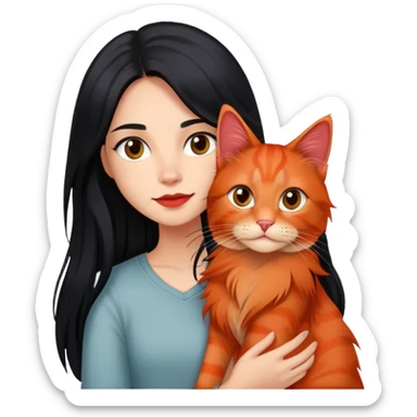 Une fille au cheveux long lisse et noir portant un chat type Maine coon de couleur roux  sticker