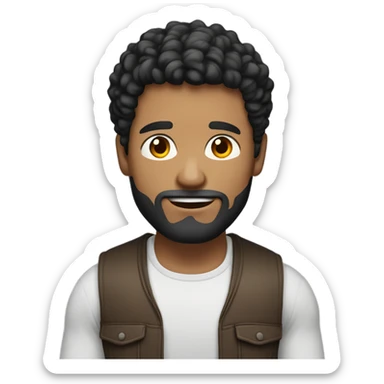 men holding his computer in hands. light brown skin men with curly black hair, dark brown eyes, little grown beard. little bit muscular. dressed casual. round face. sticker