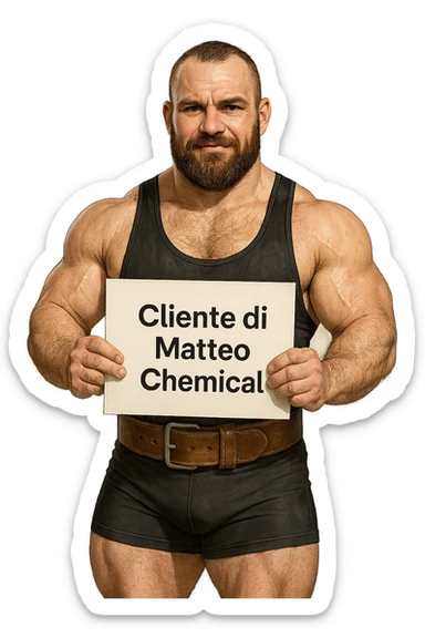 Powerlifter con in mano una targa o un foglio con scritto "Cliente di Matteo Chemical" sticker