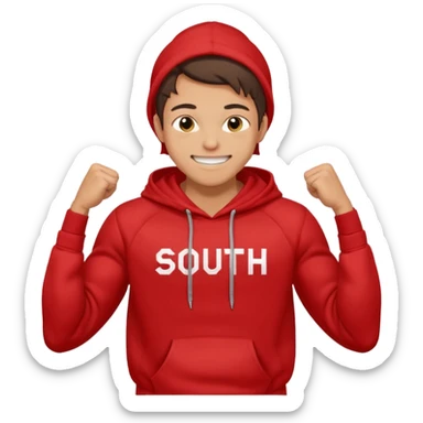 make me an emoji of an americain 19 yearold boy in a red hoodie that says "south" on it and give him with tan skin with his hands in his hands in his pocket grining flexing his muscles sticker