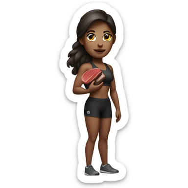 White skin brunette gym girl holding a steak sticker