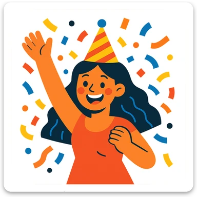 happy party girl, vibrant and festive, confetti, smiling, party hat sticker