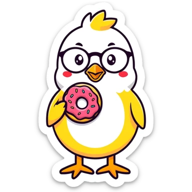 chick with strawberry glasses and a donut sticker